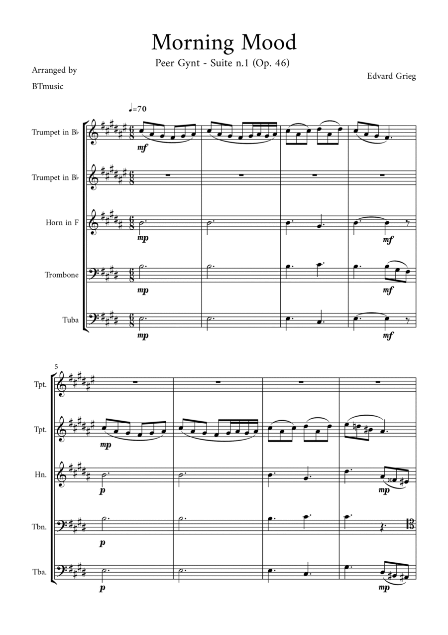 Morning Mood (Peer Gynt Suite N.1, Op 46) Brass Quintet scores gallery preview page 1