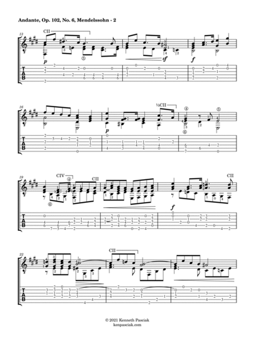 Andante from Songs Without Words, Op. 102, No. 6 (for Solo Guitar) image number null