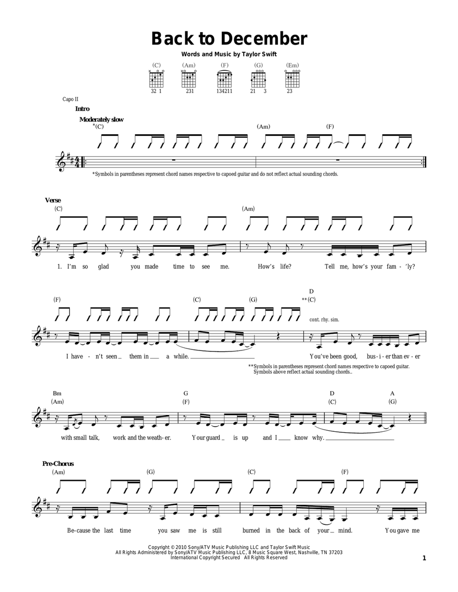 Back To December Acoustic Guitar scores gallery preview page 1