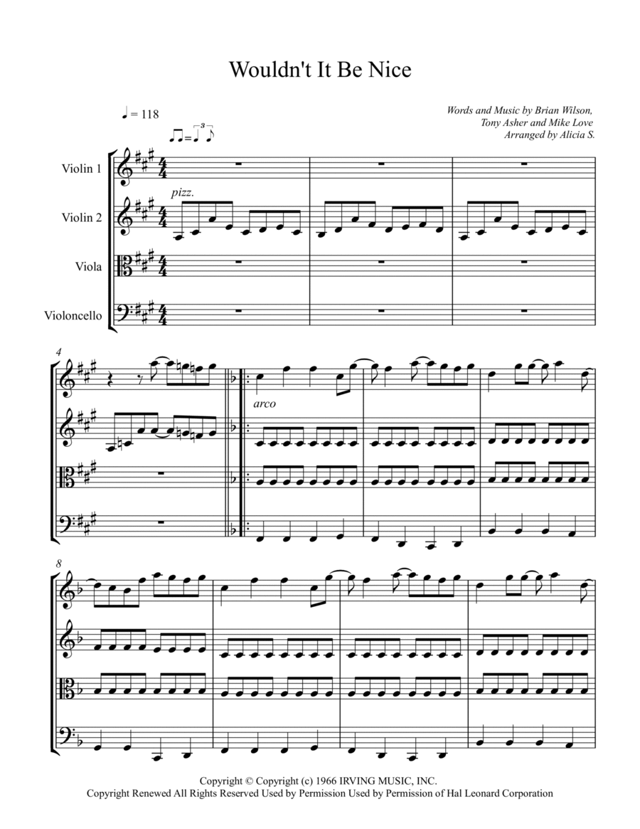 Wouldn't It Be Nice String Quartet scores gallery preview page 1