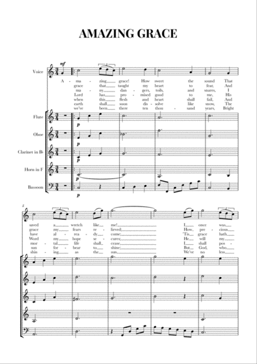 Amazing Grace for Voice and Woodwind Quintet (Flute, Oboe, Clarinet in Bb, Horn in F, Bassoon) Woodwind Quintet scores gallery preview page 1