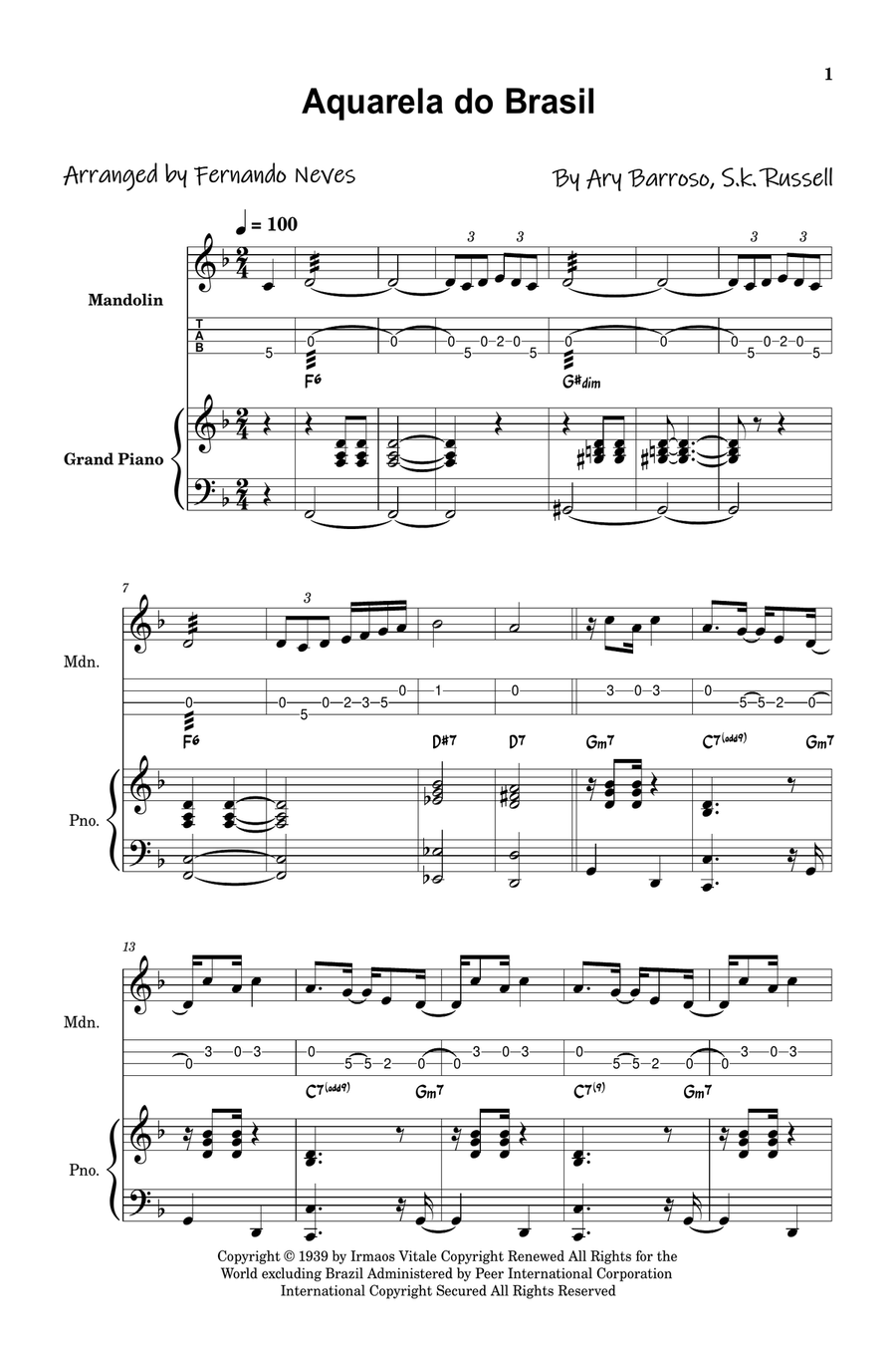 Aquarela Brasileira (Aquarela Do Brasil) (Brasil) Mandolin scores gallery preview page 1