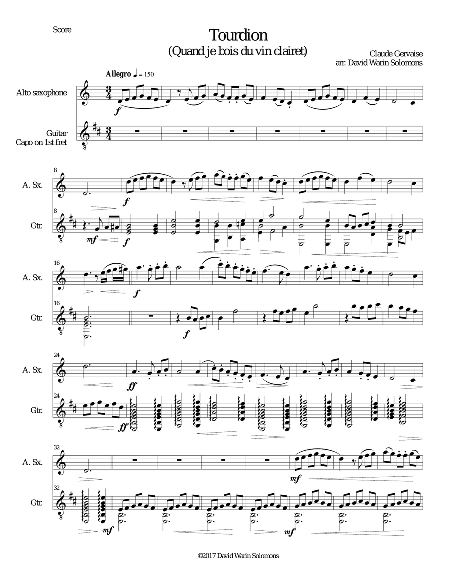 Tourdion (Quand je bois du vin clairet) for alto saxophone and guitar (capo on fret 1) Alto Saxophone scores gallery preview page 1