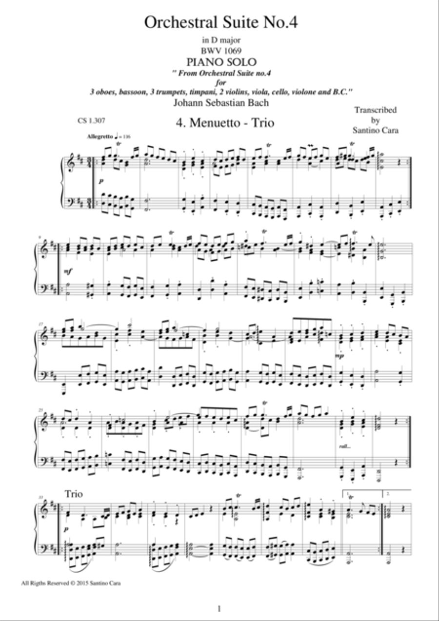 Orchestral Suite No.4 in D major - 4. Menuetto-Trio - Piano version Piano Solo scores gallery preview page 1