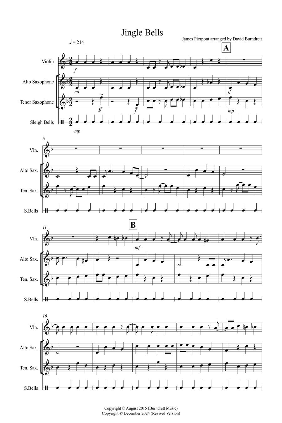 Jingle Bells (Jazzy Style!) for Violin, Alto and Tenor Saxophone Trio Small Ensemble scores gallery preview page 1