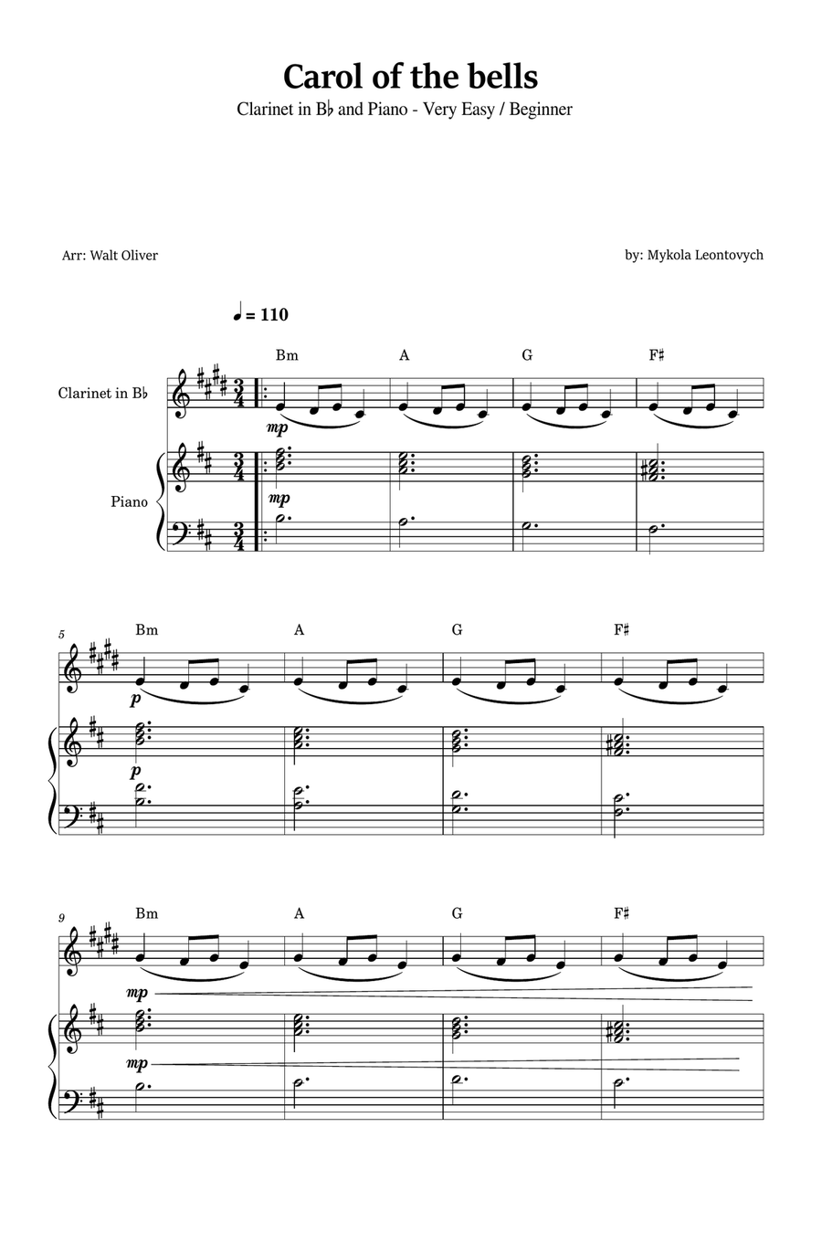 Carol of the Bells for Bb Clarinet and Piano (Very Easy - Beginner) in B minor - With Chords B-Flat Clarinet scores gallery preview page 1