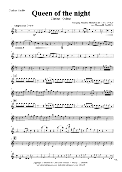The Magic Flute Queen of the night - KV 620 W.A.Mozart - Clarinet Quintet