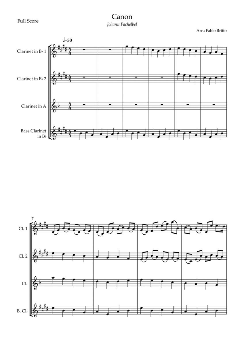 Canon - Johann Pachelbel (Wedding/Reduced Version) for Clarinet Quartet image number null