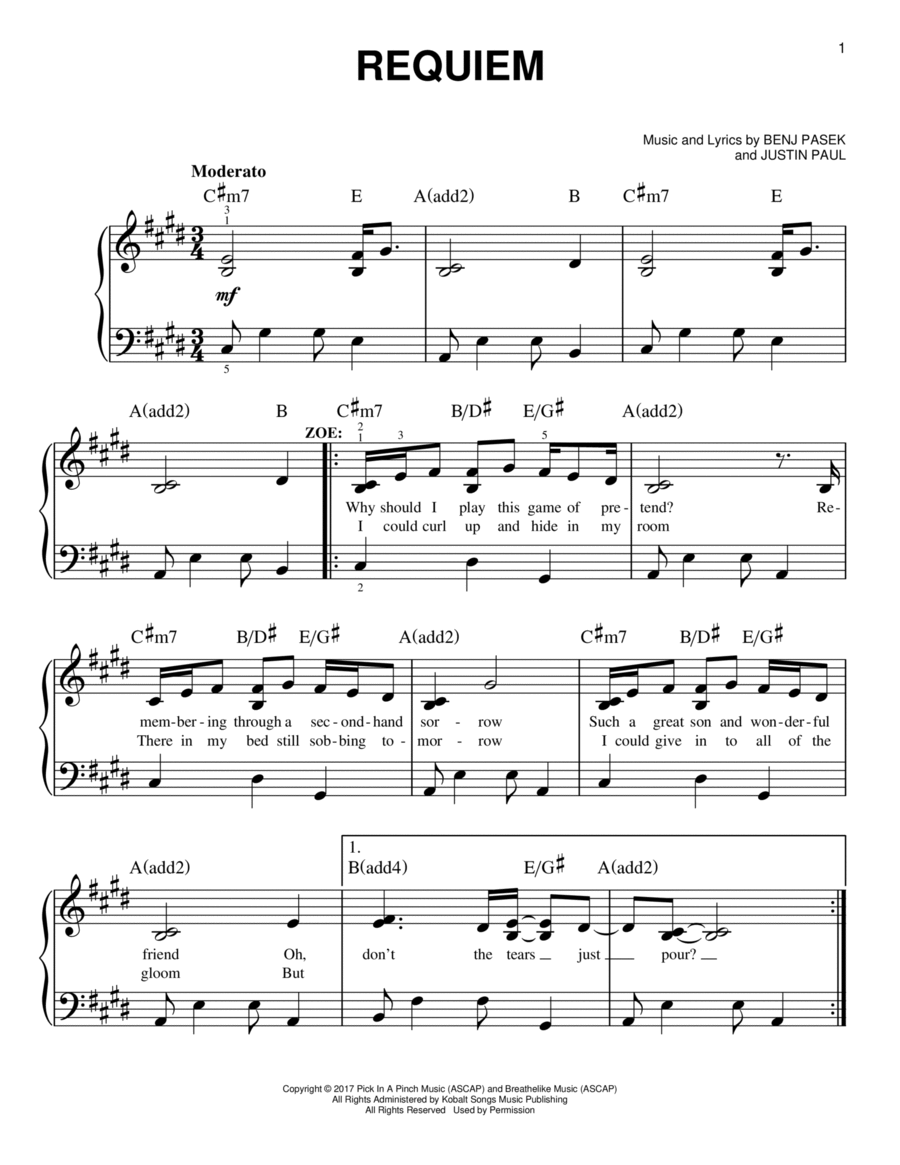 Requiem (from Dear Evan Hansen) Easy Piano scores gallery preview page 1