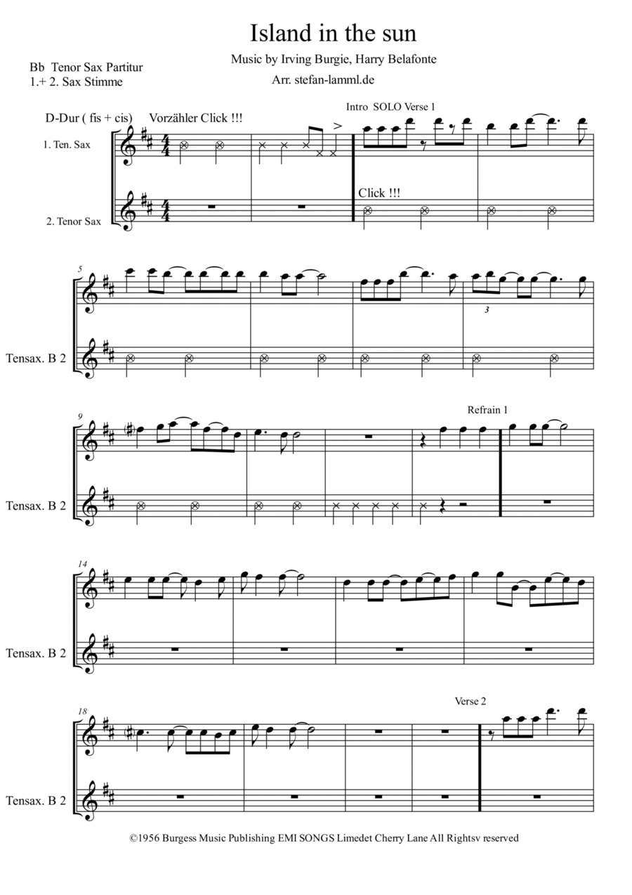 Island In The Sun Tenor Saxophone scores gallery preview page 1