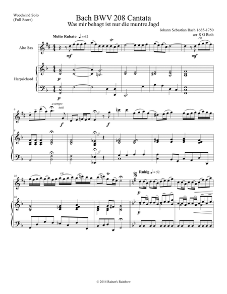 Bach BWV 208 Aria May Sheep Safely Graze Alto Sax Solo Parts and Score