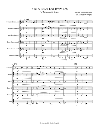 Komm, süßer Tod (Come Sweet Death) for Saxophone Sextet (BWV 478)