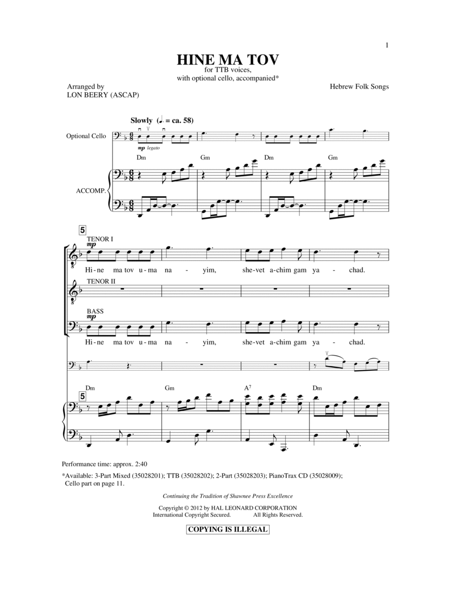 Hineh Ma Tov Hineh Ma Tov TTBB scores gallery preview page 1