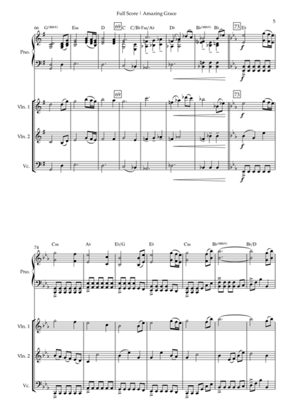 Amazing Grace (John Newton, E. O. Excell) for String Trio and and Piano Accompaniment with Chords image number null