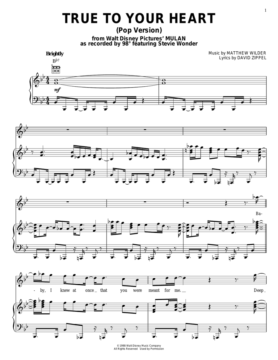True To Your Heart (from Mulan) Piano, Vocal, Guitar scores gallery preview page 1