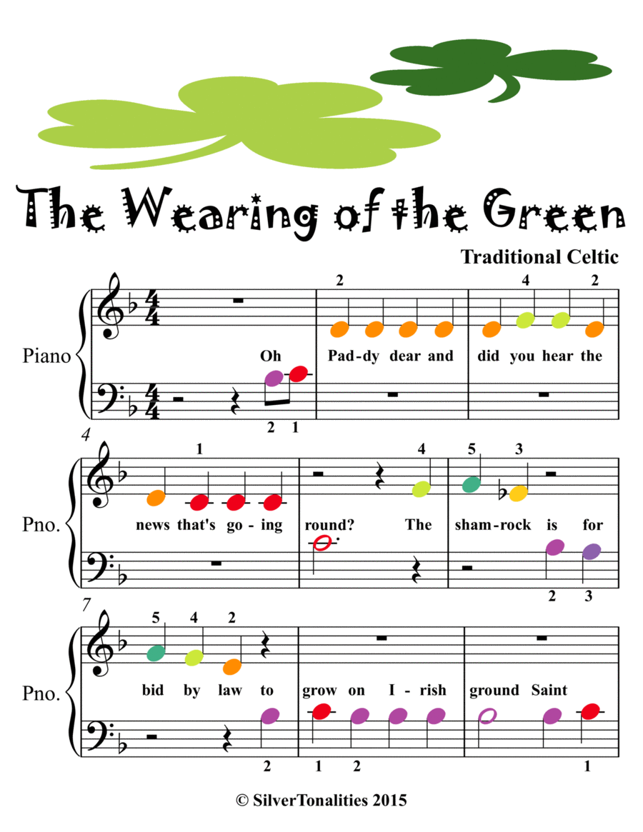 Wearing of the Green Beginner Piano Sheet Music with Colored Notes
