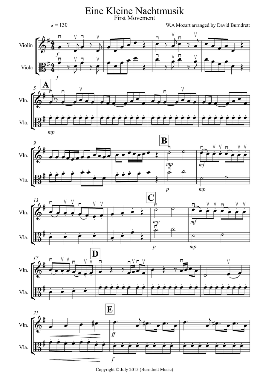 Eine Kleine Nachtmusik (1st movement) for Violin and Viola Duet Eine Kleine Nachtmusik (1st movement) for Violin and Viola Duet String Duet scores gallery preview page 1