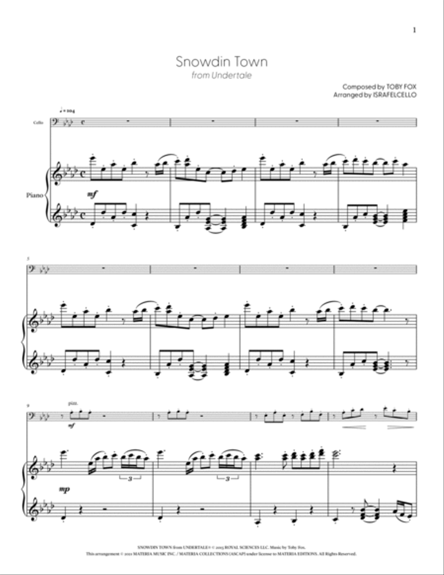 Snowdin Town (from UNDERTALE) (for Solo Cello with Piano Accompaniment) Piano Accompaniment scores gallery preview page 2