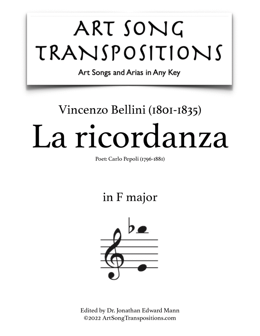 BELLINI: La ricordanza (transposed to F major) Voice scores gallery preview page 1