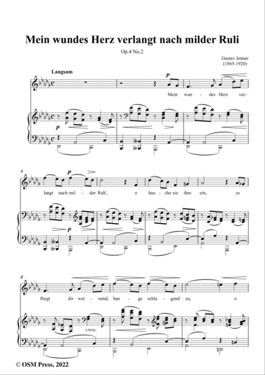 Jenner-Mein wundes Herz verlangt nach milder Ruli,in D flat Major,Op.4 No.2 Voice scores gallery preview page 2