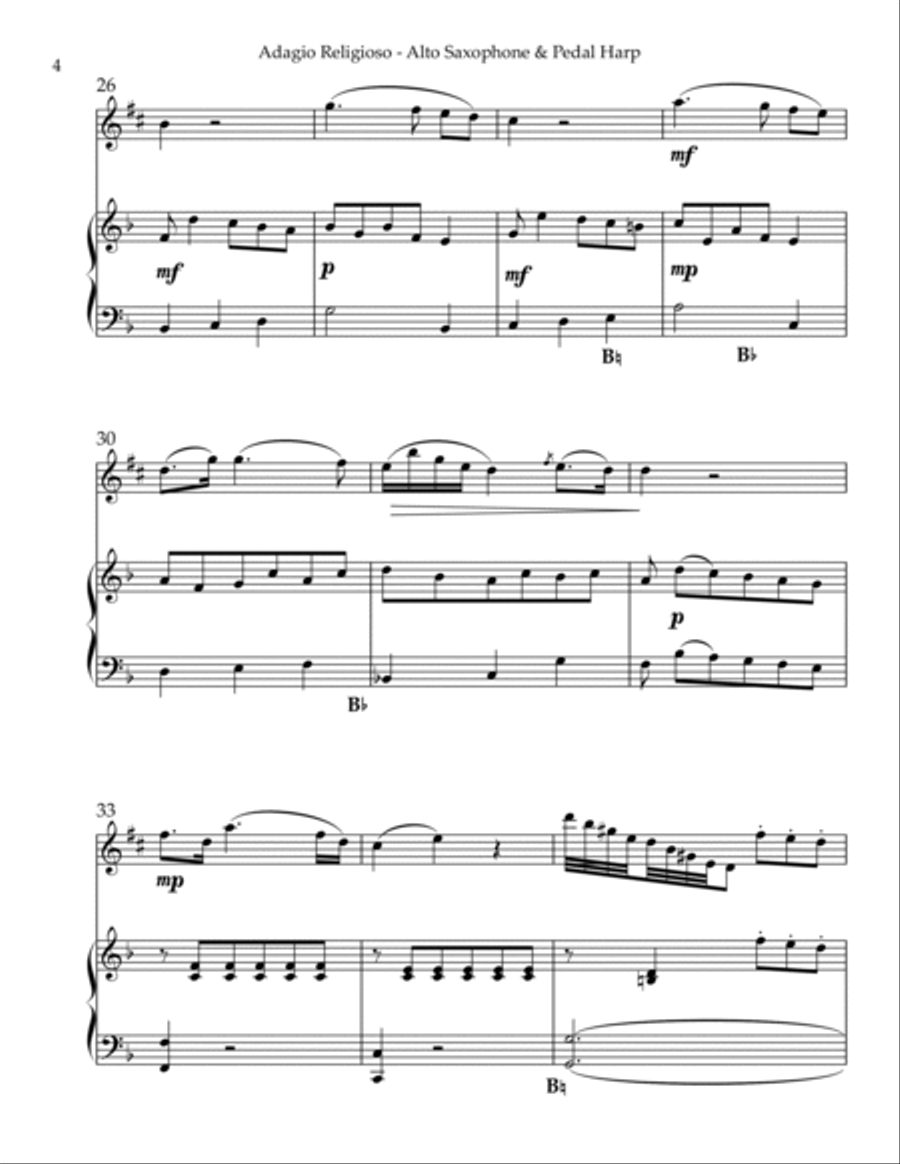 Adagio Religioso, K622, Duet for Eb Alto Saxophone & Pedal Harp Alto Saxophone scores gallery preview page 4