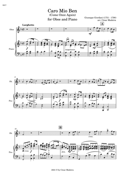 Caro Mio Ben (Come Once Again) - Oboe and Piano (Full Score and Parts) image number null