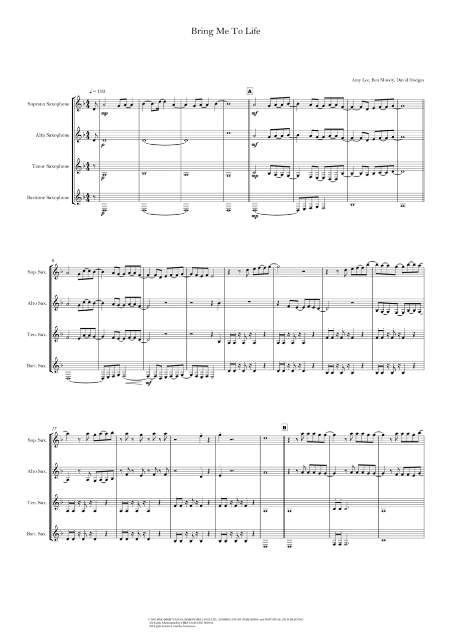 Bring Me To Life Saxophone Quartet scores gallery preview page 1