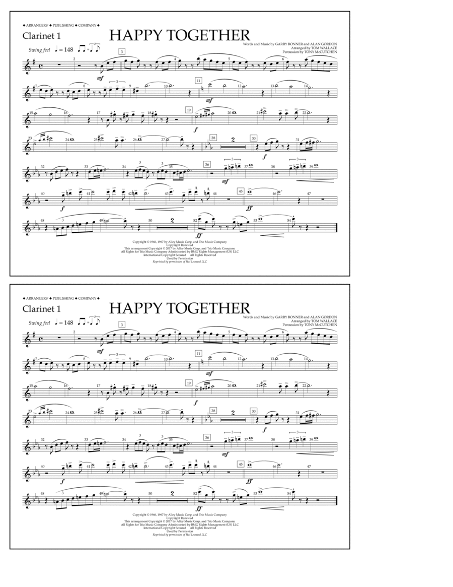 Happy Together - Clarinet 1 Clarinet scores gallery preview page 1