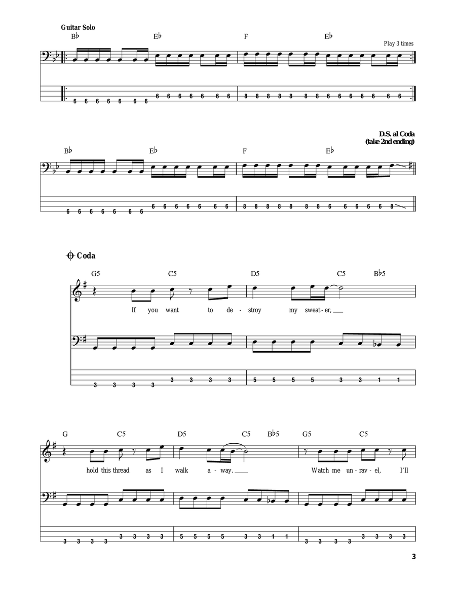 Undone - The Sweater Song Bass Guitar Tablature scores gallery preview page 3