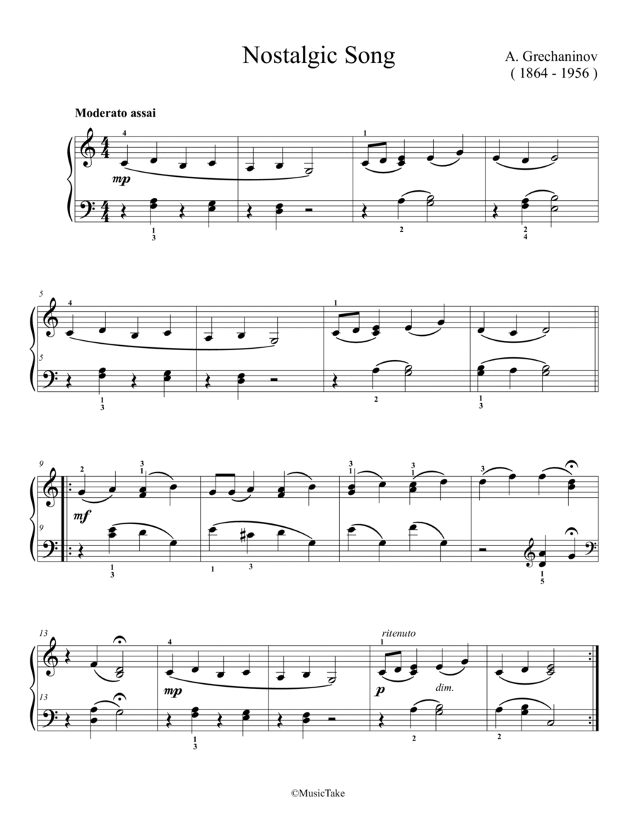 Grechaninov. Nostalgic Song Easy Piano scores gallery preview page 1
