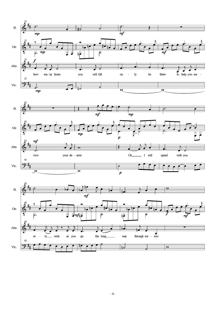 Letter to Lydia for alto voice, flute, cello and guitar (or just alto and guitar) Small Ensemble scores gallery preview page 4