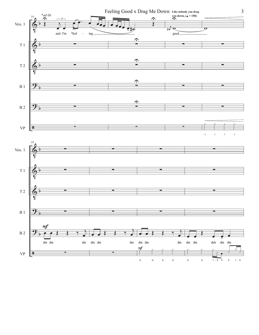 Medley: Feeling Good with Drag Me Down TTBB scores gallery preview page 3