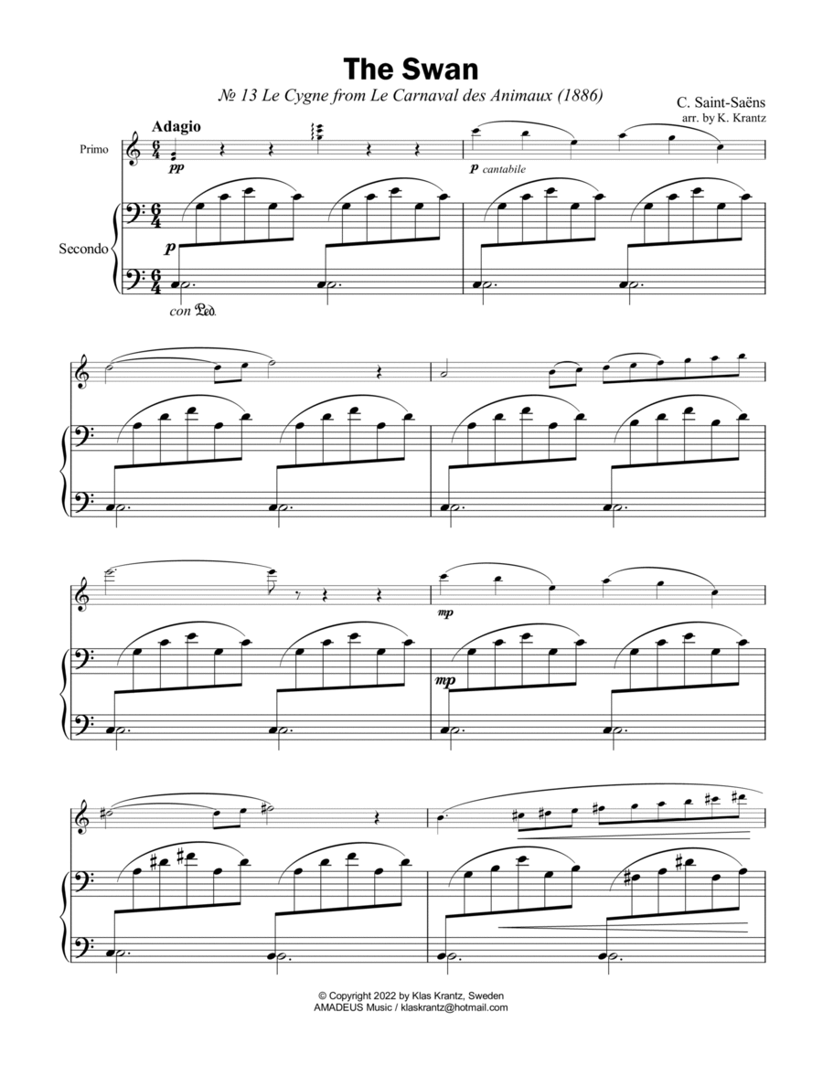 The Swan / Le cygne for easy 1 piano, 4 hands (3 hands) 1 Piano, 4-Hands scores gallery preview page 1