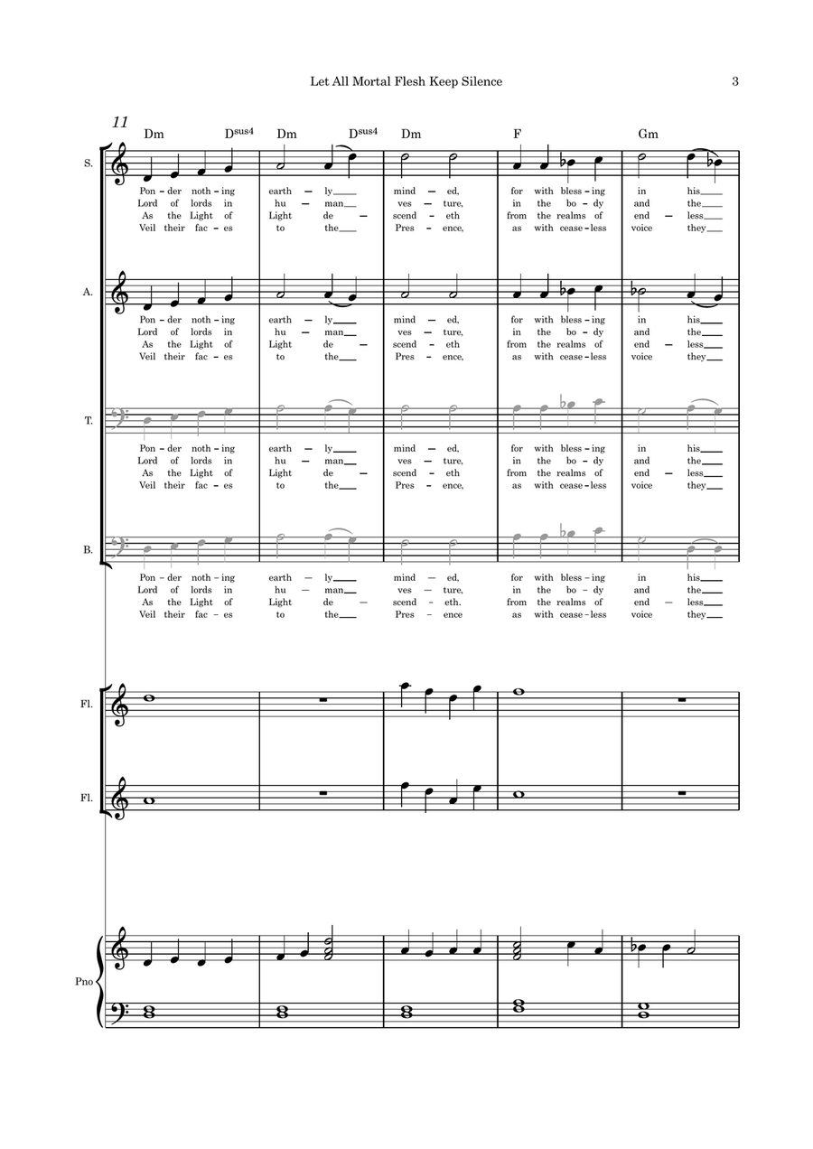 Let All Mortal Flesh Keep Silence SATB flute duet and Piano 4-Part scores gallery preview page 3