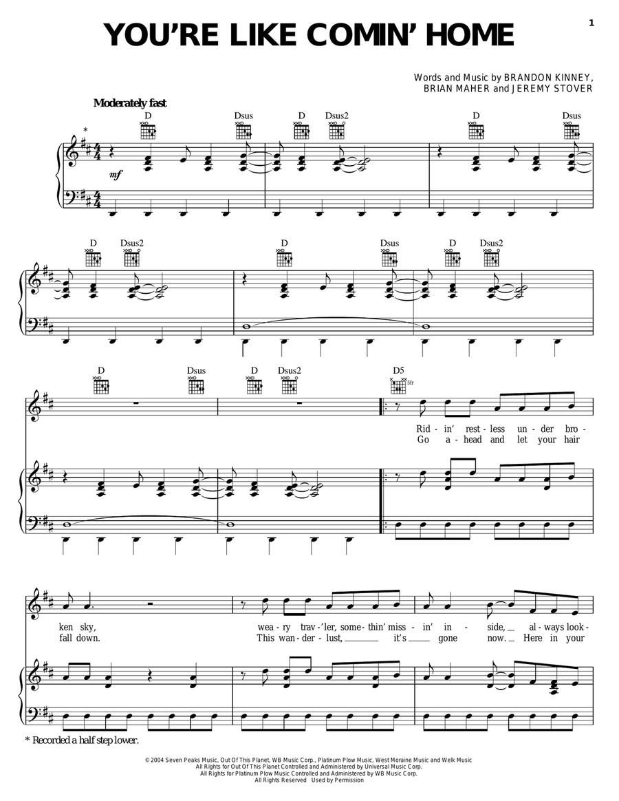 You're Like Comin' Home Piano, Vocal, Guitar scores gallery preview page 1