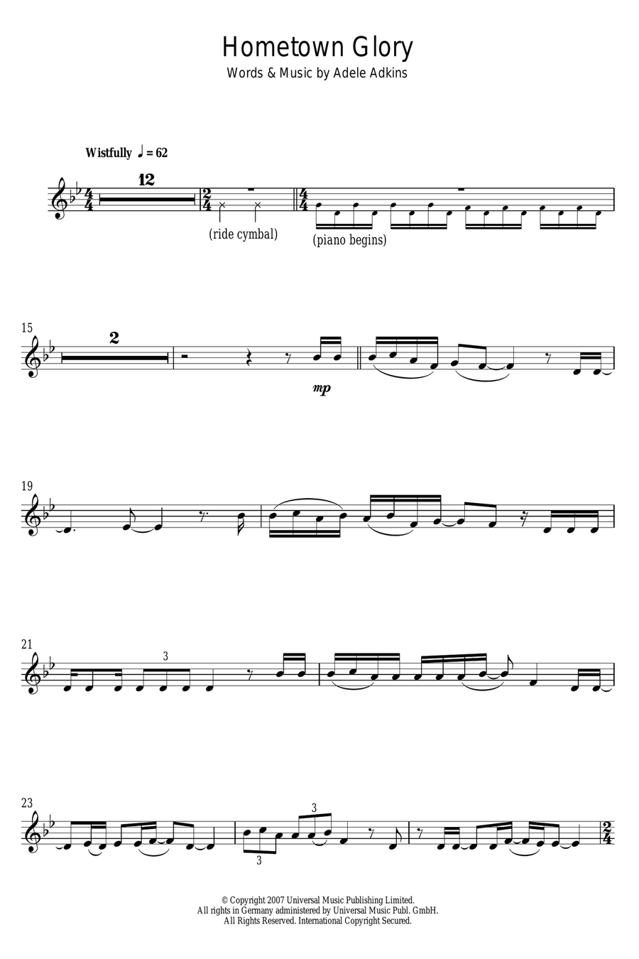 Hometown Glory Alto Saxophone scores gallery preview page 1