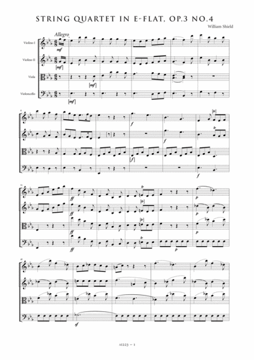 String Quartet in E flat major, Op. 3, No. 4 - Score Only