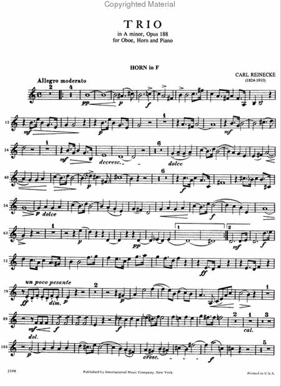 Trio in A minor, Op. 188 for Oboe, Horn & Piano