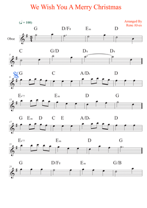 We Wish You A Merry Christmas, sheet music and oboe melody for the beginning musician (easy).