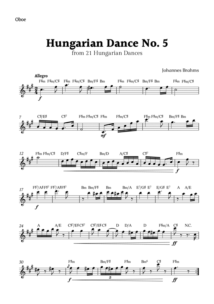 Hungarian Dance No. 5 by Brahms for Oboe Solo with Chords image number null