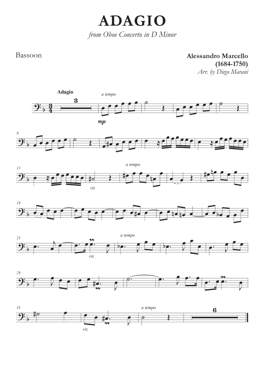 Marcello's Adagio for Bassoon and Piano Bassoon Solo scores gallery preview page 1