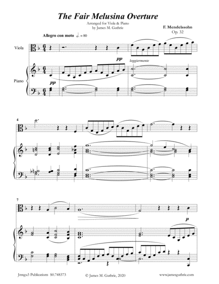Mendelssohn: The Fair Melusina Overture, Op. 32 for Viola & Piano image number null