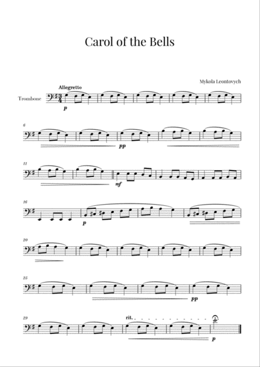 Carol of The Bells for Trombone Trombone Solo scores gallery preview page 1