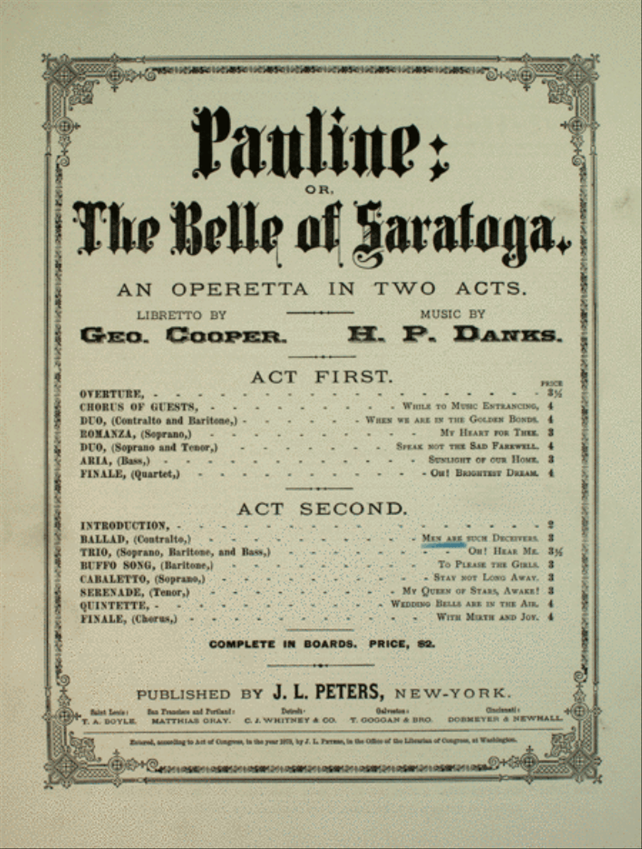 Pauline, or, The Belle of Saratoga. An Operetta in Two Acts Voice scores gallery preview page 1