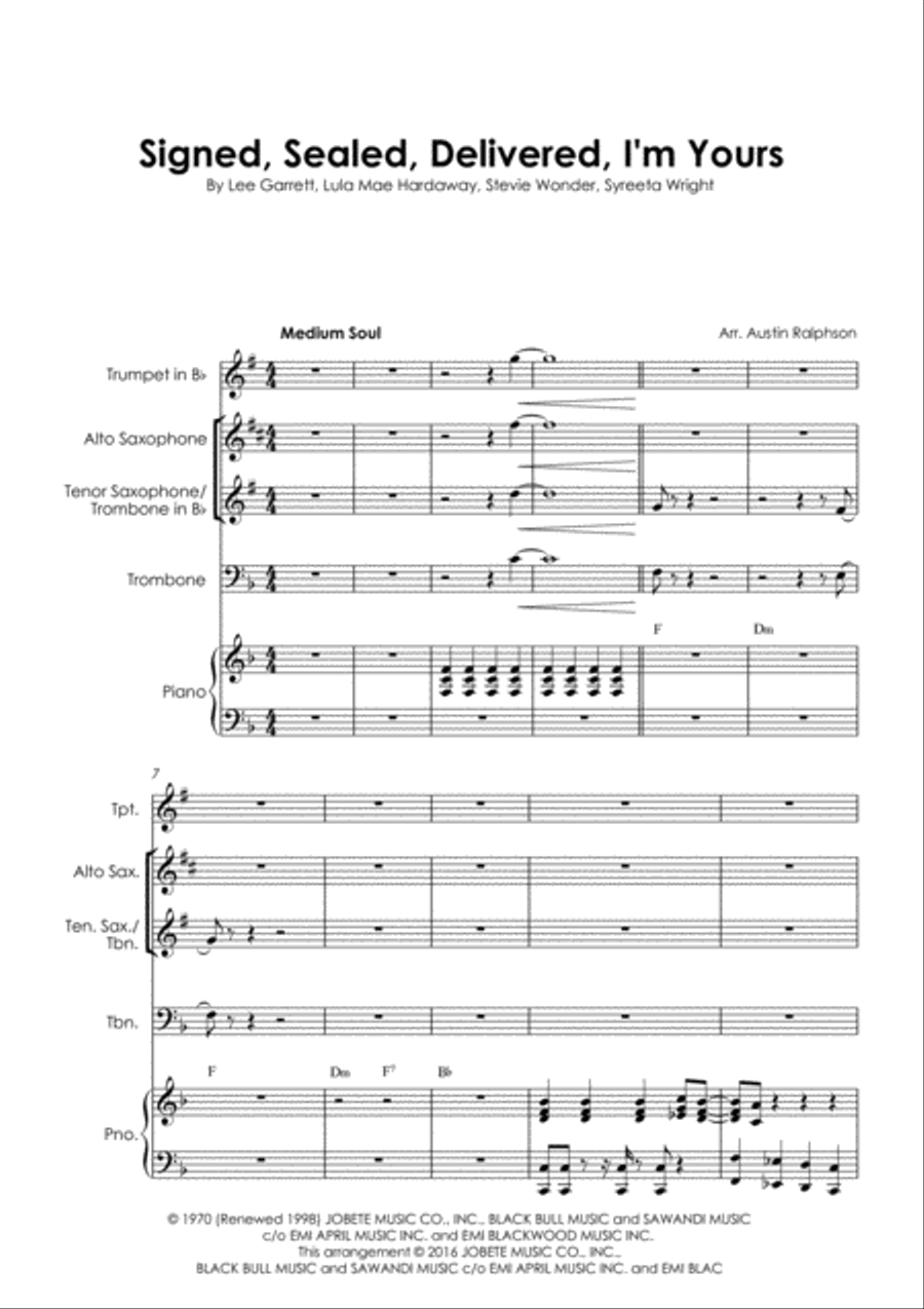 Signed, Sealed, Delivered I'm Yours Tenor Saxophone scores gallery preview page 3