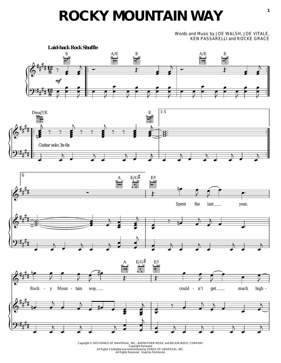 Rocky Mountain Way Piano, Vocal, Guitar scores gallery preview page 1