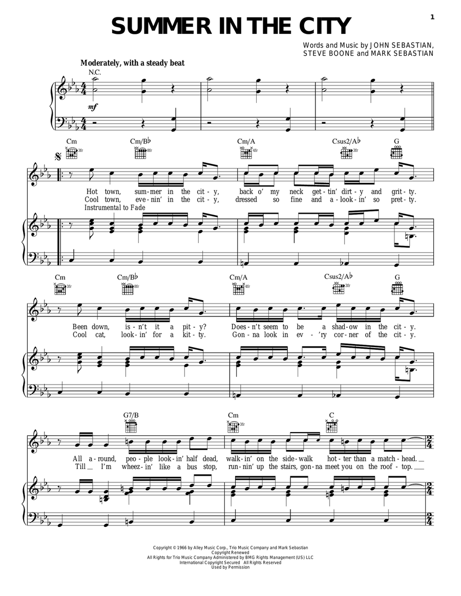 Summer In The City Summer In The City Piano, Vocal, Guitar scores gallery preview page 1