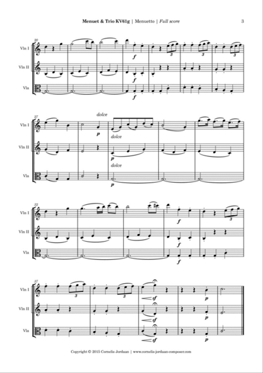 Mozart Minuet & Trio KV61g, for 2 violins & viola Small Ensemble scores gallery preview page 3