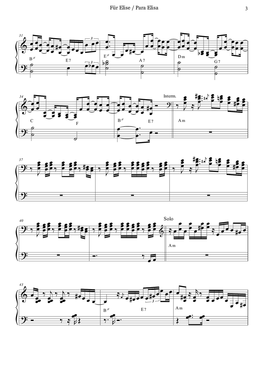 L. V. Beethoven - Für Elise / Para Elisa - Jazz piano version - Advanced Intermediate. Piano Solo scores gallery preview page 3