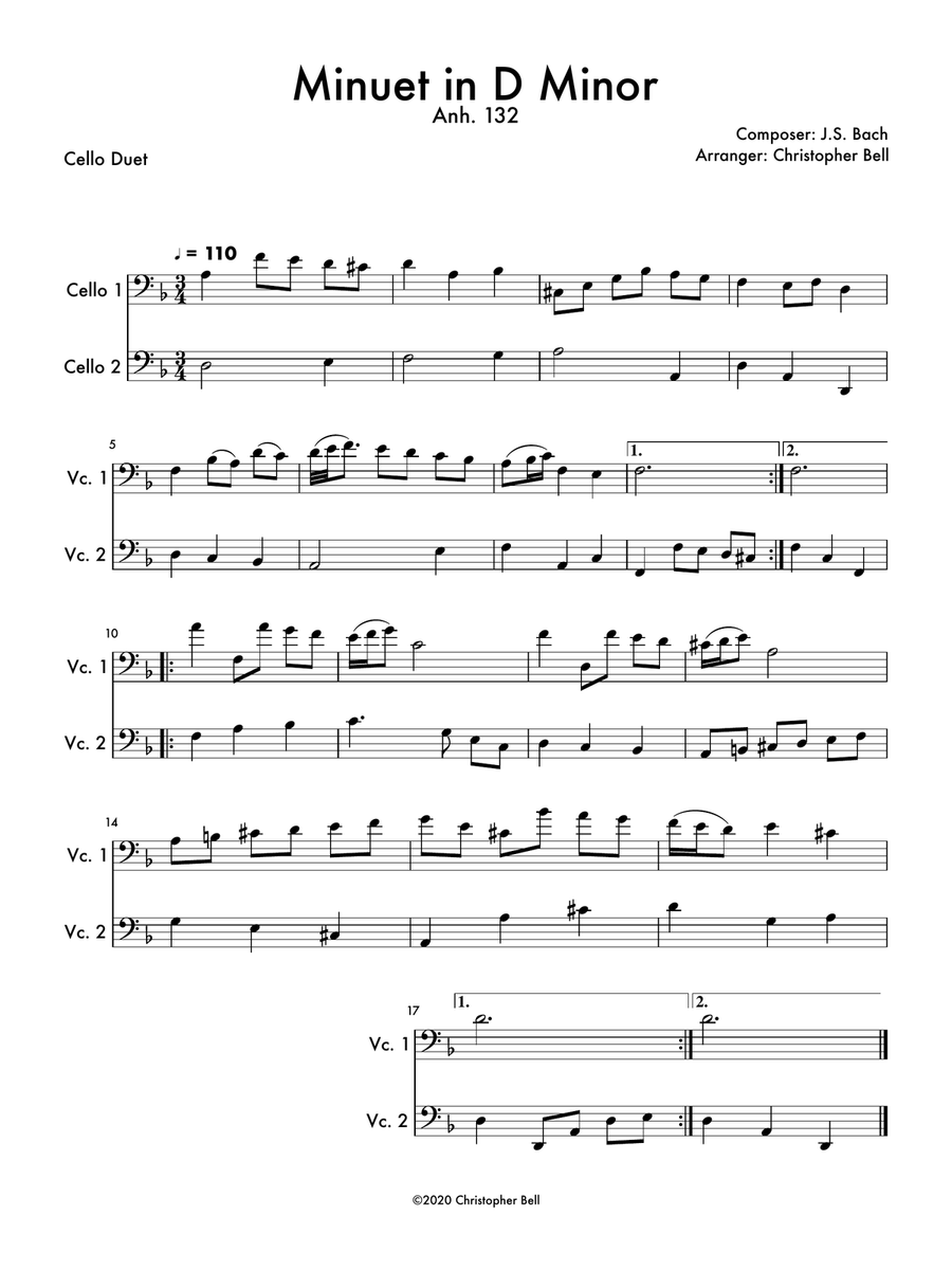 Minuet in D Minor (Anh 132) Cello Duet String Duet scores gallery preview page 1